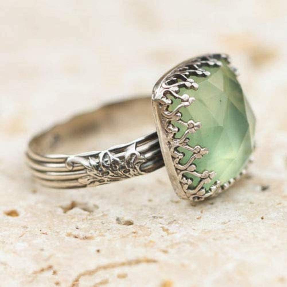 Wenbin Vintage Green Moonstone Princess Diamond Ring Prehnite Gems Wedding Engagement Women Ring 925 Silver Jewelry Size 6-10