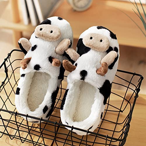 YCYL Kawaii Fuzzy Cow Slippers,Women's Warm Cozy and Lovely Animal Non-Skid Floor Slippers,Funny Cartoon Milk Cow Slippers for Adults Girls (White,38-39)