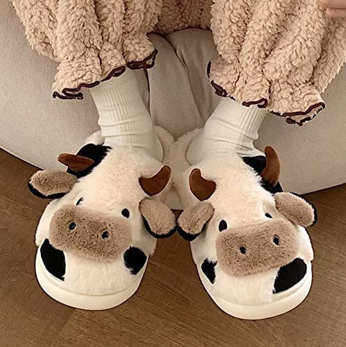 YCYL Kawaii Fuzzy Cow Slippers,Women's Warm Cozy and Lovely Animal Non-Skid Floor Slippers,Funny Cartoon Milk Cow Slippers for Adults Girls (White,38-39)