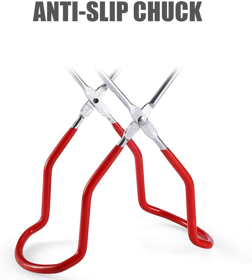 Canning Jar Lifter with Rubber Grips, Long Handle Canning Tongs Stainless Steel Lifter Cans Gripper Clamp Canned Clip for Kitchen Restaurant Wide-Mouth and Regular Jars Safe and Secure Grip (Red)
