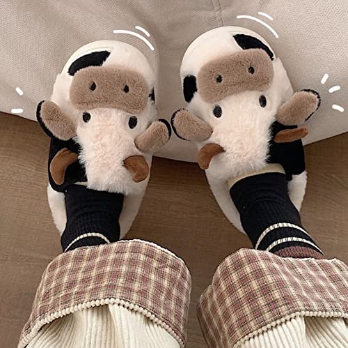 YCYL Kawaii Fuzzy Cow Slippers,Women's Warm Cozy and Lovely Animal Non-Skid Floor Slippers,Funny Cartoon Milk Cow Slippers for Adults Girls (White,38-39)