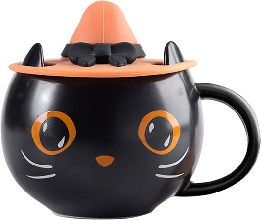 2021 Halloween Black Cat Cup with Witch Cap and Spoon Gifts, Cute Kitty Unique Ceramic Coffee Mug for Halloween Cat Lovers,Home Birthday Gift for Women Men (Cat Cup and Cover)