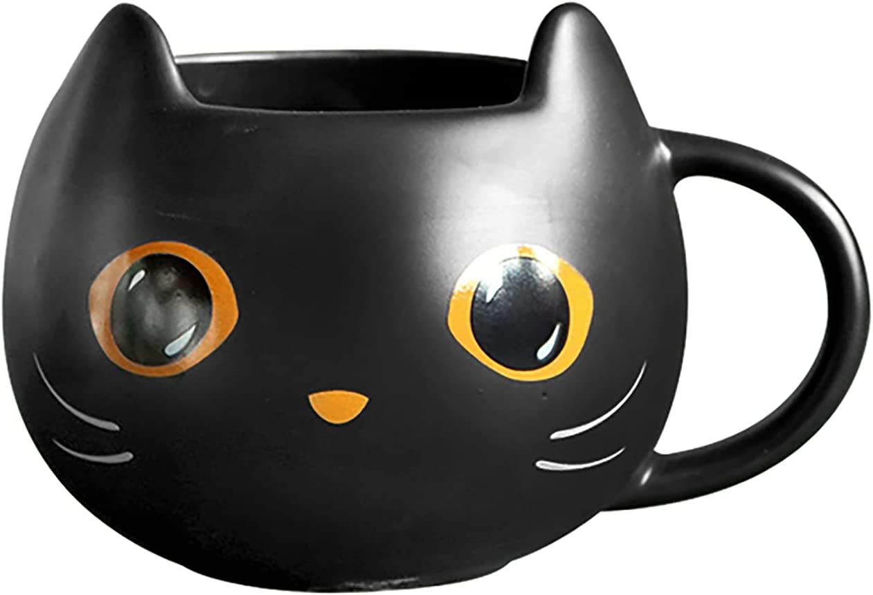 2021 Halloween Black Cat Cup with Witch Cap and Spoon Gifts, Cute Kitty Unique Ceramic Coffee Mug for Halloween Cat Lovers,Home Birthday Gift for Women Men (Cat Cup and Cover)