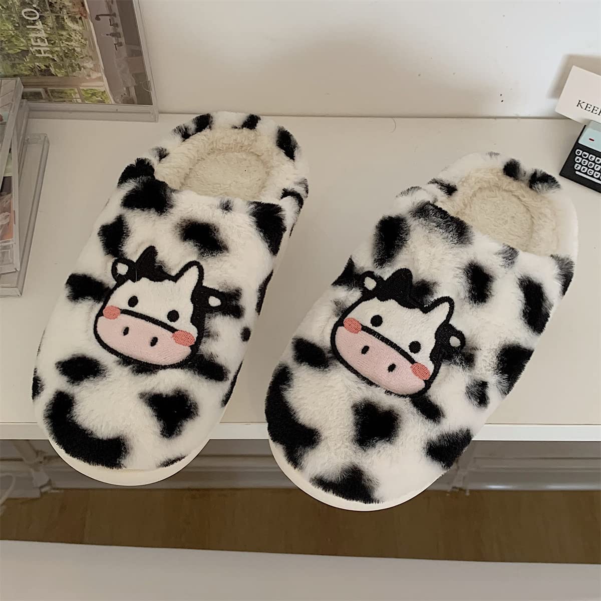 YCYL Kawaii Fuzzy Cow Slippers,Women's Warm Cozy and Lovely Animal Non-Skid Floor Slippers,Funny Cartoon Milk Cow Slippers for Adults Girls (White,40-41)