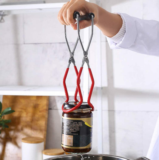 Canning Jar Lifter with Rubber Grips, Long Handle Canning Tongs Stainless Steel Lifter Cans Gripper Clamp Canned Clip for Kitchen Restaurant Wide-Mouth and Regular Jars Safe and Secure Grip (Red)
