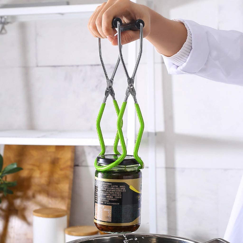 Canning Jar Lifter with Rubber Grips, Long Handle Canning Tongs Stainless Steel Lifter Cans Gripper Clamp Canned Clip for Kitchen Restaurant Wide-Mouth and Regular Jars Safe and Secure Grip (Red)
