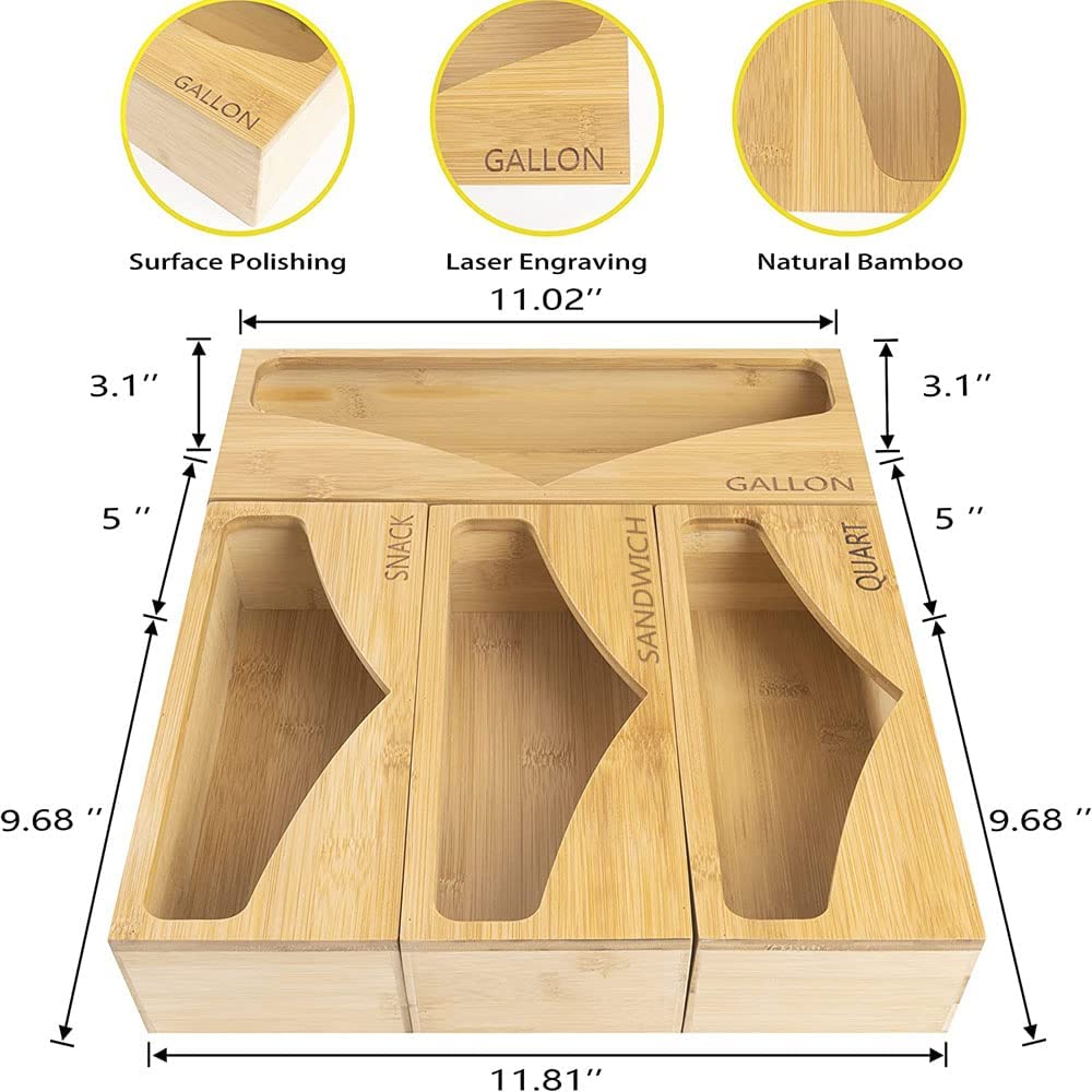 nokeko Bamboo Ziplock Bag Storage Organizer Premium Food Storage Bag Holders and Dispenser,for Kitchen Drawer Compatible with Gallon Quart,Sandwich,Snack Candy Variety Size Bags(1 Box 4 Slots)