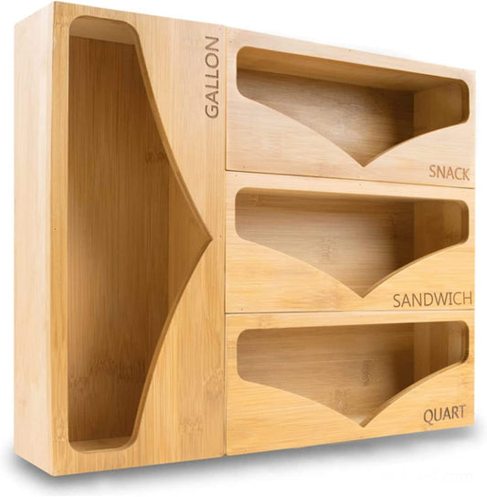nokeko Bamboo Ziplock Bag Storage Organizer Premium Food Storage Bag Holders and Dispenser,for Kitchen Drawer Compatible with Gallon Quart,Sandwich,Snack Candy Variety Size Bags(1 Box 4 Slots)