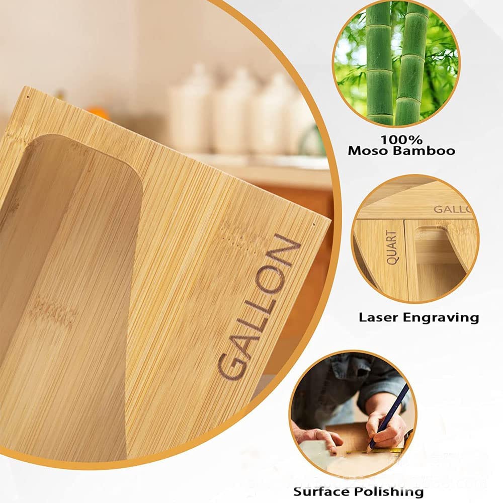 nokeko Bamboo Ziplock Bag Storage Organizer Premium Food Storage Bag Holders and Dispenser,for Kitchen Drawer Compatible with Gallon Quart,Sandwich,Snack Candy Variety Size Bags(1 Box 4 Slots)