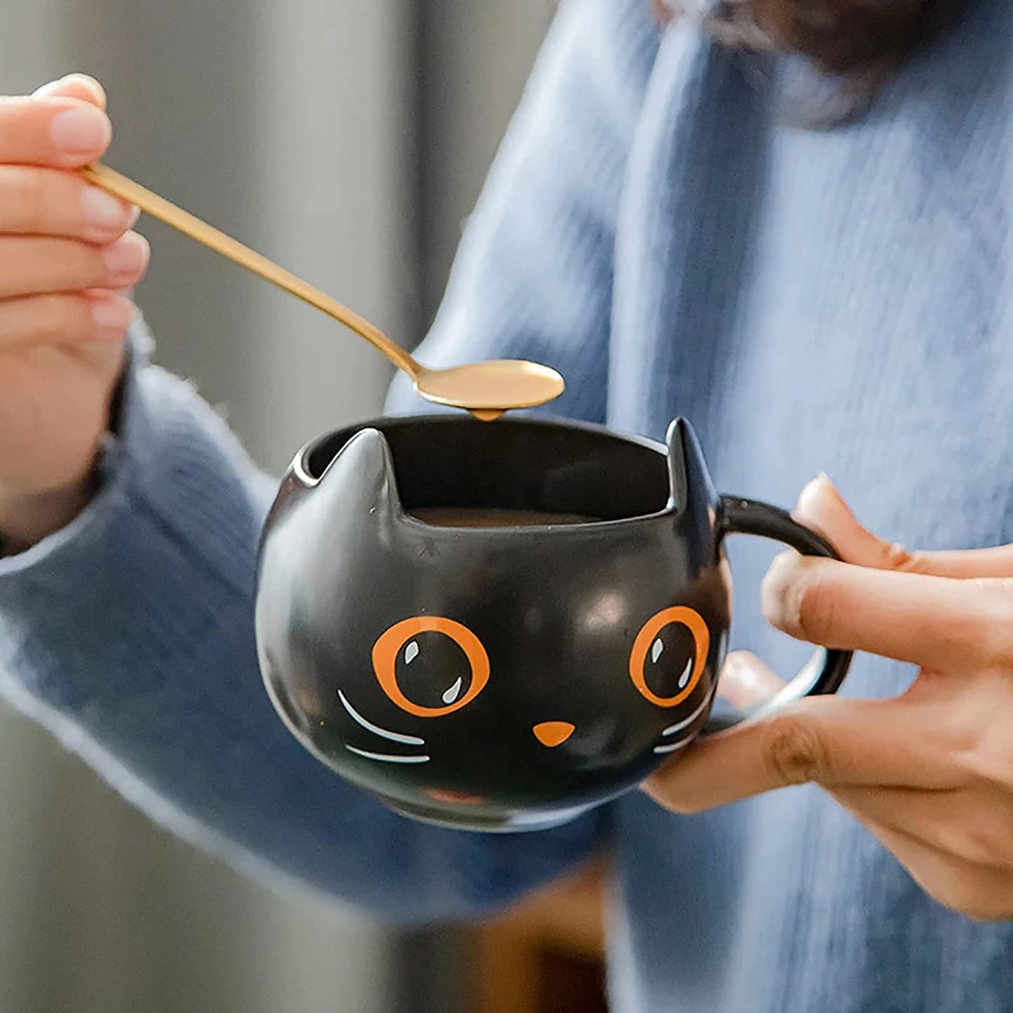2021 Halloween Black Cat Cup with Witch Cap and Spoon Gifts, Cute Kitty Unique Ceramic Coffee Mug for Halloween Cat Lovers,Home Birthday Gift for Women Men (Cat Cup and Cover)