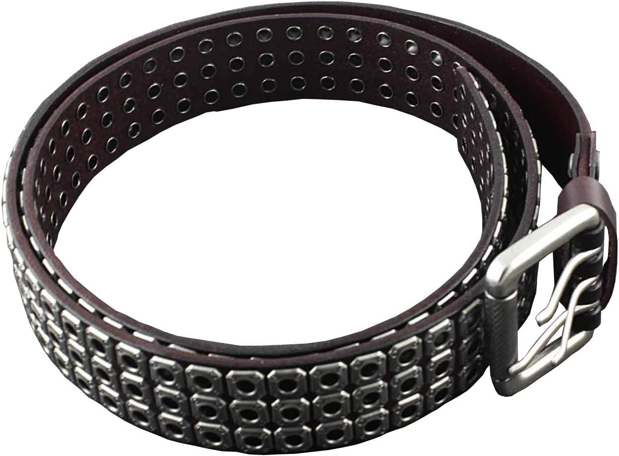Mens Punk Biker Studded Three Hole Real Leather Belt Waistband w/Roller Buckle