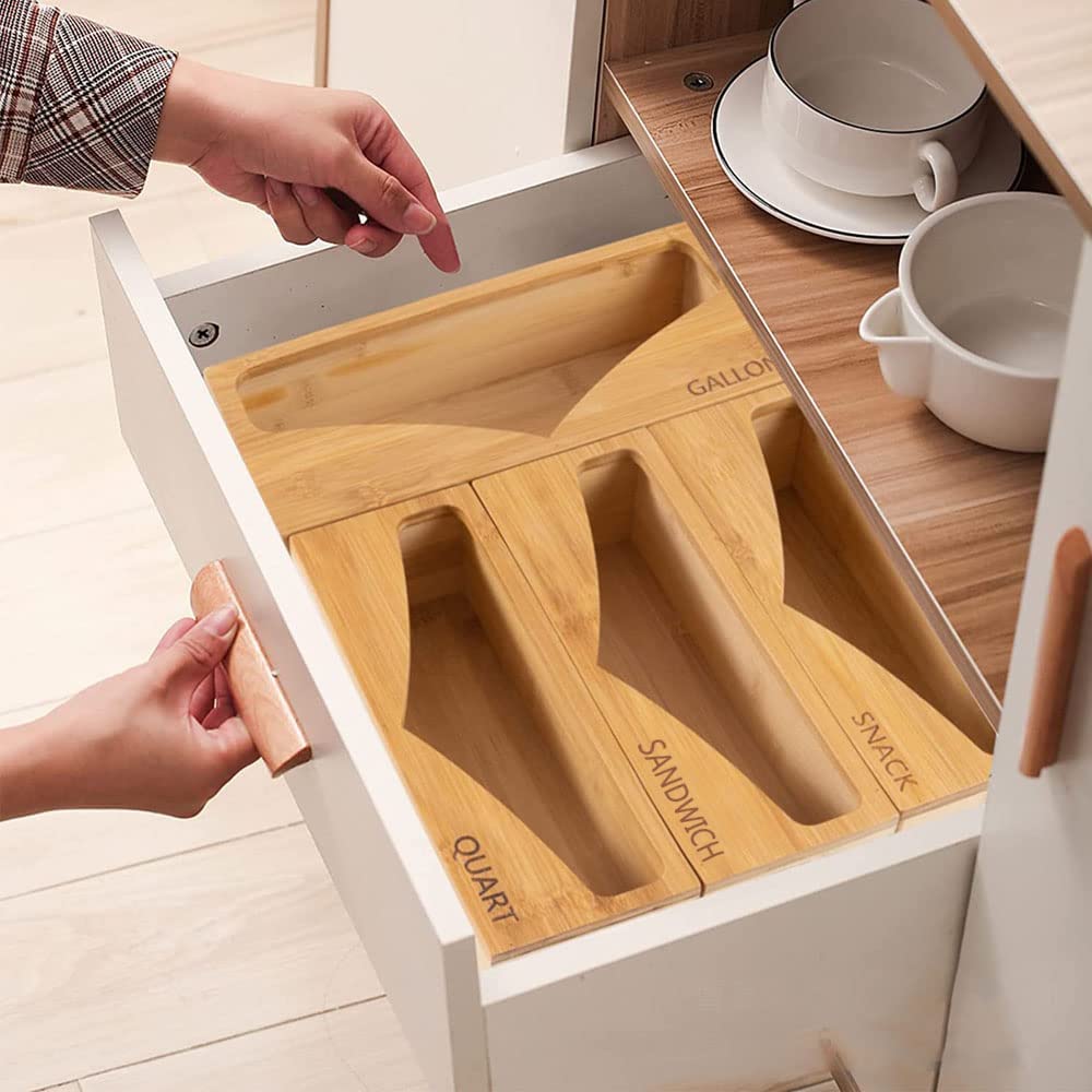 nokeko Bamboo Ziplock Bag Storage Organizer Premium Food Storage Bag Holders and Dispenser,for Kitchen Drawer Compatible with Gallon Quart,Sandwich,Snack Candy Variety Size Bags(1 Box 4 Slots)