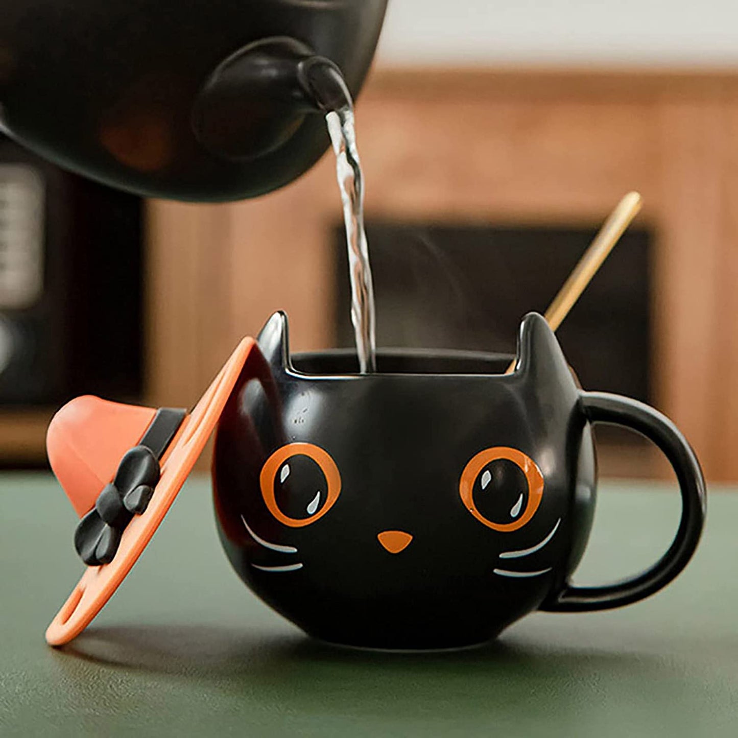 2021 Halloween Black Cat Cup with Witch Cap and Spoon Gifts, Cute Kitty Unique Ceramic Coffee Mug for Halloween Cat Lovers,Home Birthday Gift for Women Men (Cat Cup and Cover)