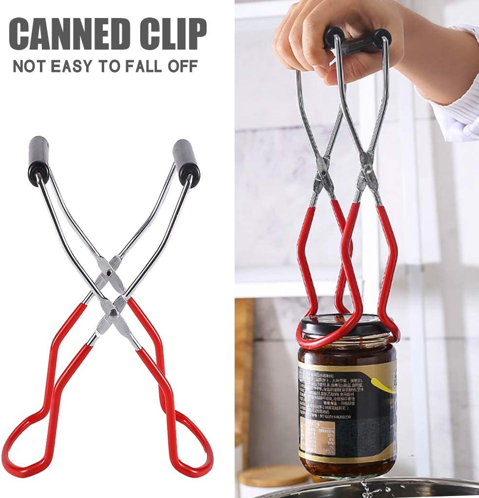 Canning Jar Lifter with Rubber Grips, Long Handle Canning Tongs Stainless Steel Lifter Cans Gripper Clamp Canned Clip for Kitchen Restaurant Wide-Mouth and Regular Jars Safe and Secure Grip (Red)