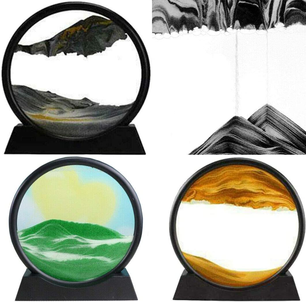 3D Dynamic Moving Sand, Moving Sand Art Picture Round Glass 3D Deep Sea Sandscape in Motion Display Flowing Sand Frame, Relaxing Desktop Home Office Work Decor (green, 12 inch)