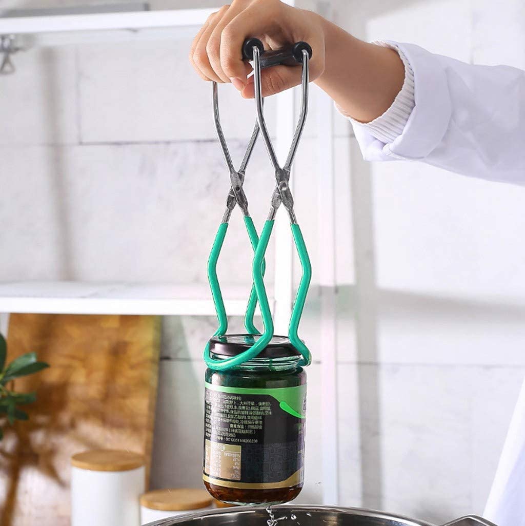 Canning Jar Lifter with Rubber Grips, Long Handle Canning Tongs Stainless Steel Lifter Cans Gripper Clamp Canned Clip for Kitchen Restaurant Wide-Mouth and Regular Jars Safe and Secure Grip (Red)