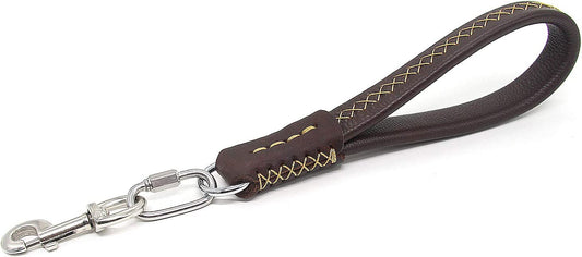Heavy Duty Full Grain Leather Short Dog Traffic Leash for Medium and Extra Large Dogs, Pet Accessories Cowhide Handle with Snap Clips for Dog Chain Lead and Collar (Brown)