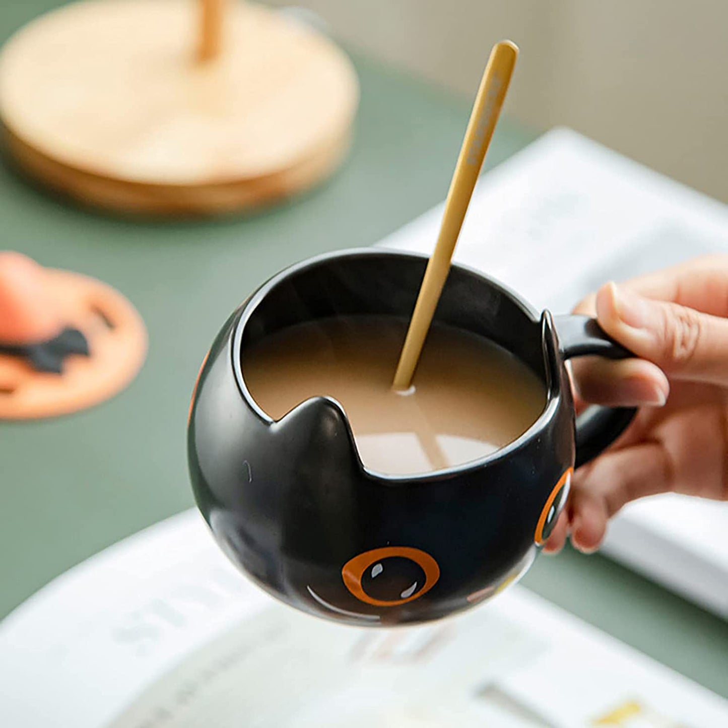 2021 Halloween Black Cat Cup with Witch Cap and Spoon Gifts, Cute Kitty Unique Ceramic Coffee Mug for Halloween Cat Lovers,Home Birthday Gift for Women Men (Cat Cup and Cover)