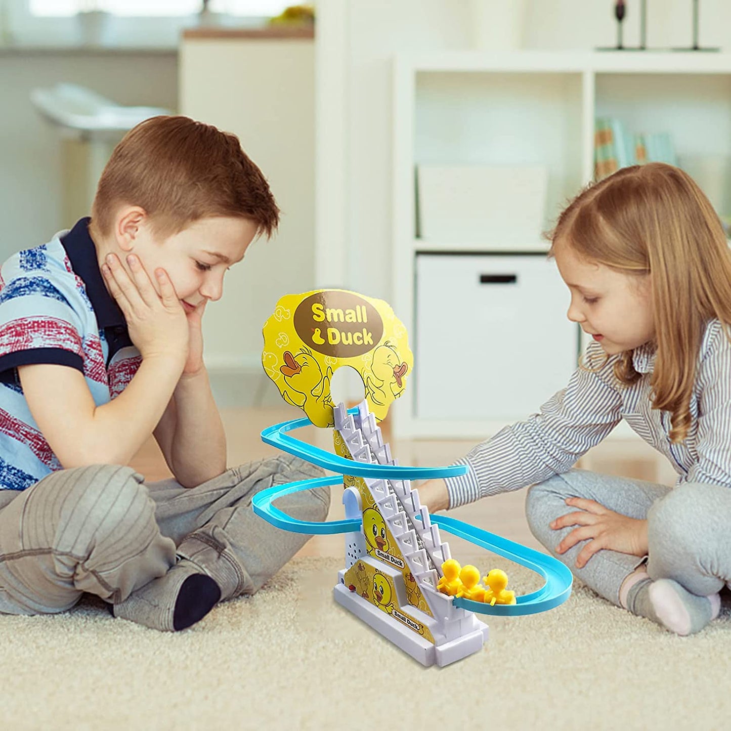 ODOORACT Electric Race Car Track Duck Climbing Stairs and Slides Playset, Duck