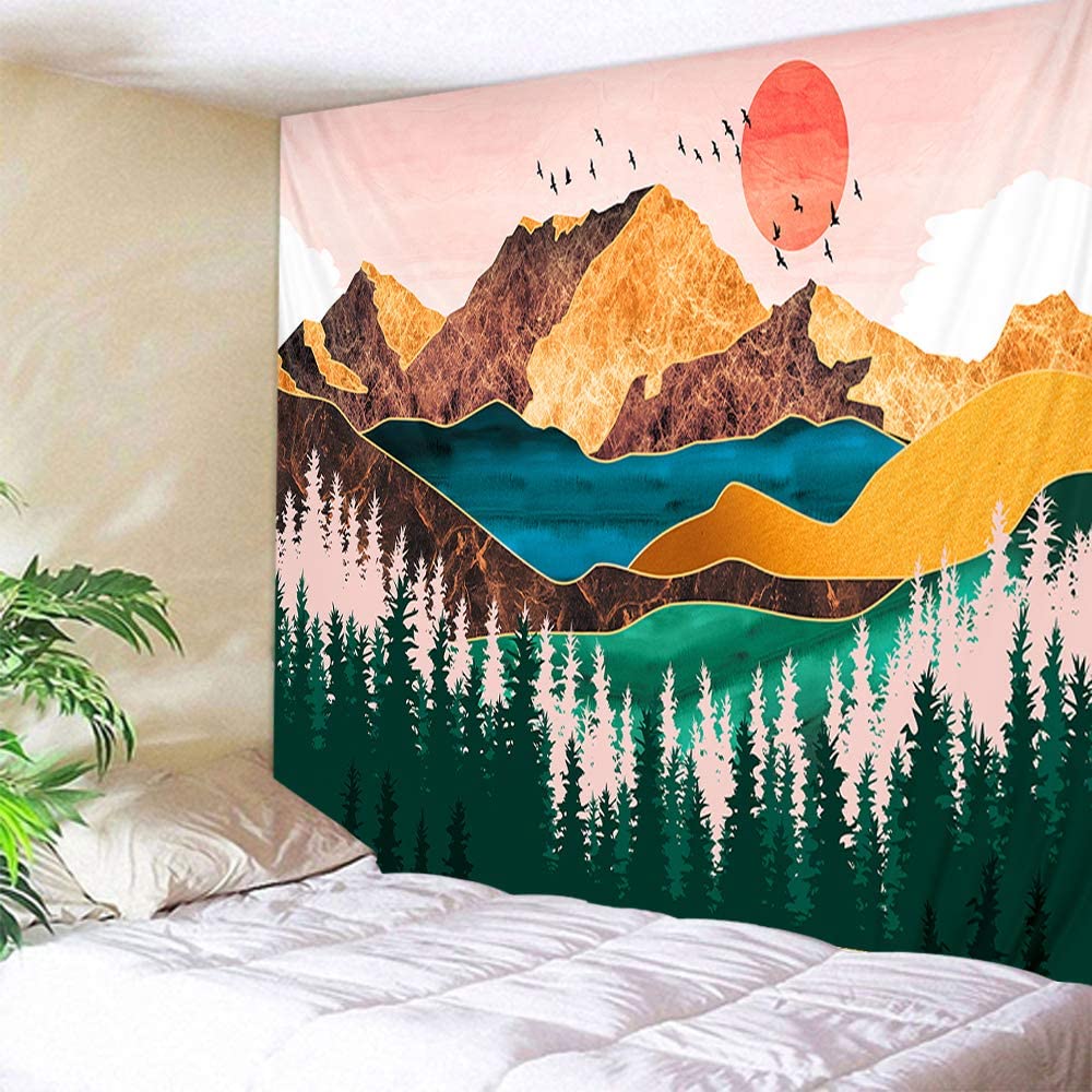 fangzhuo Mountain Tapestry Wall Hanging Pink Sunset Nature Landscape Tapestry Wall Decor for Livingroom Bedroom Dorm Home W59 x L51