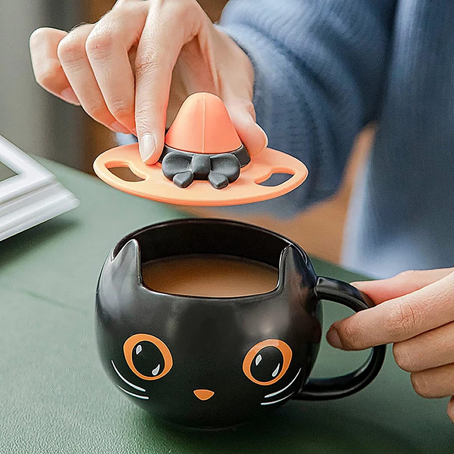 2021 Halloween Black Cat Cup with Witch Cap and Spoon Gifts, Cute Kitty Unique Ceramic Coffee Mug for Halloween Cat Lovers,Home Birthday Gift for Women Men (Cat Cup and Cover)