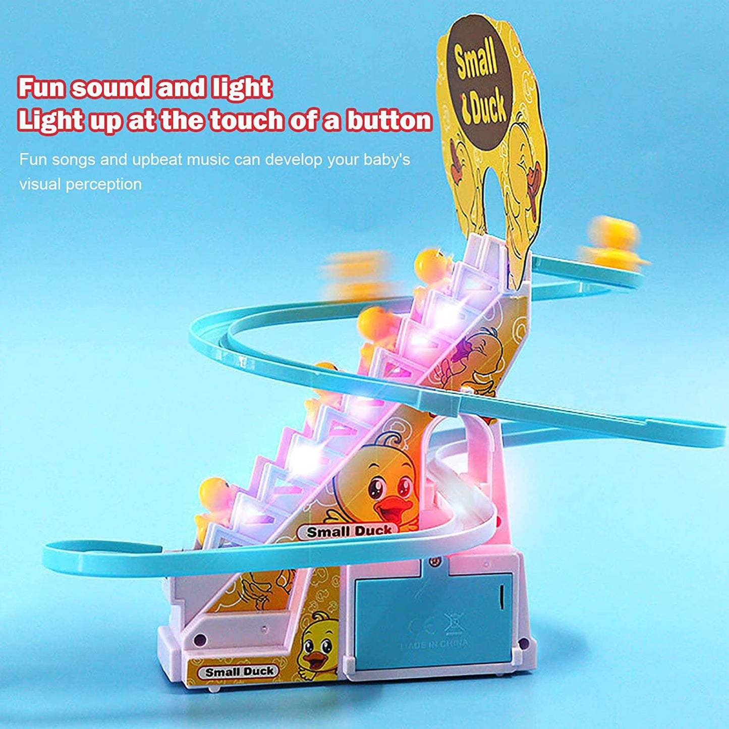 ODOORACT Electric Race Car Track Duck Climbing Stairs and Slides Playset, Duck