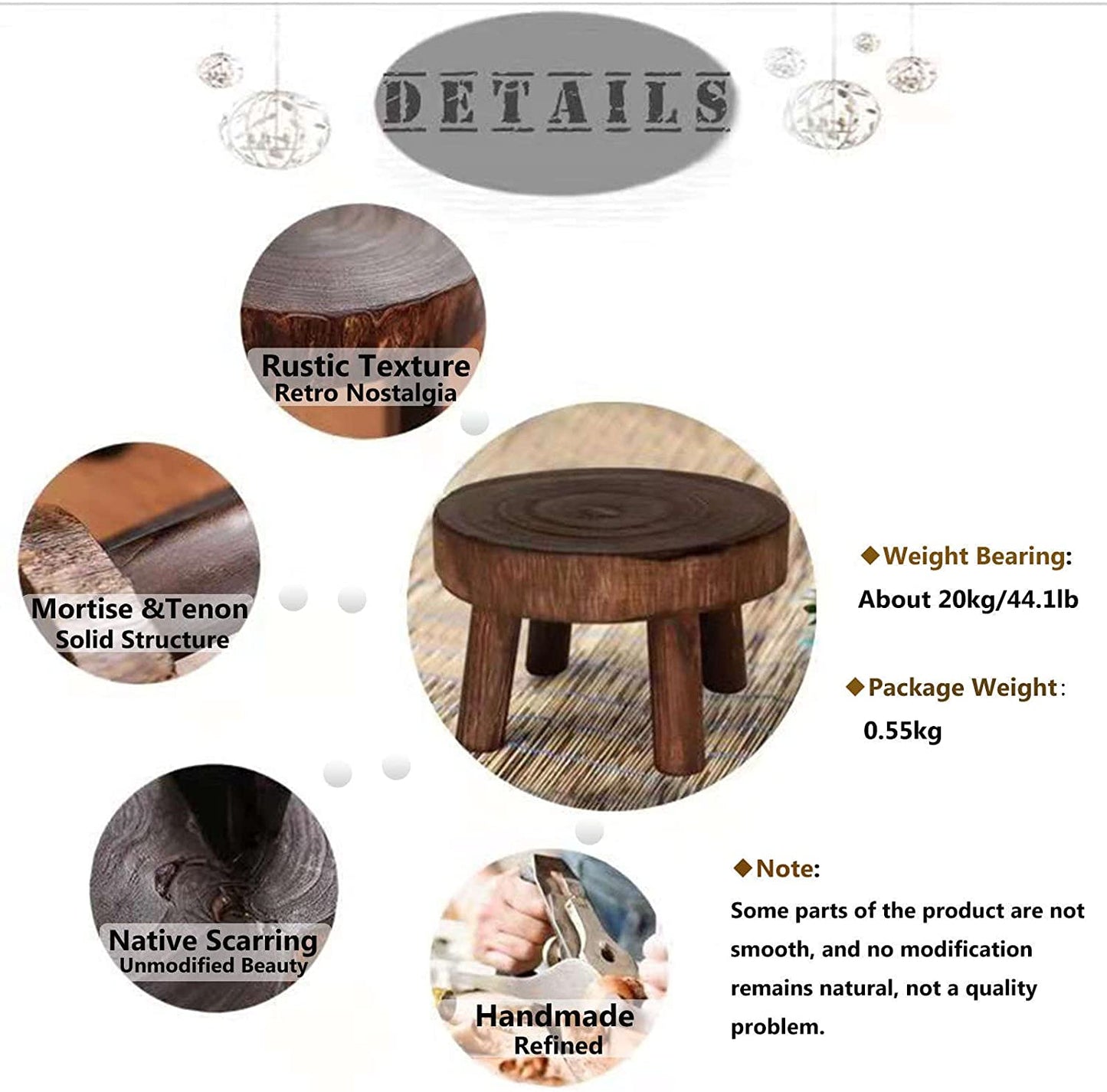 ROWGEE Wooden Round Step Stool,Portable Solid Wood Small Plant Stool,Retro Low Step Stool for Kitchen Bathroom Bedroom,Plant Holder-Kiriri14*9cm