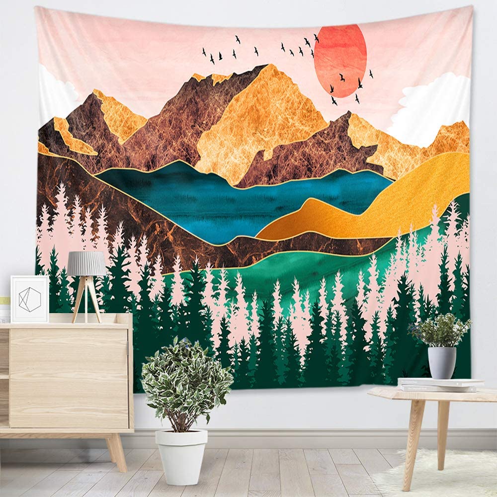 fangzhuo Mountain Tapestry Wall Hanging Pink Sunset Nature Landscape Tapestry Wall Decor for Livingroom Bedroom Dorm Home W59 x L51