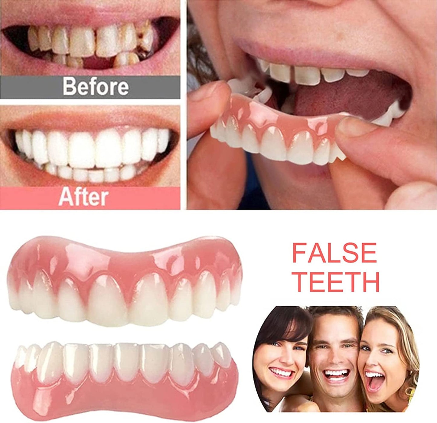 GHJGDAOM Immediate Veneer Upper and Lower False Teeth Natural Tone Comfortable Flexible Perfect Veneers Cosmetic Teeth Silica Gel Fit Perfect Teeth Stickers and Whitening Alternative,6 Pairs