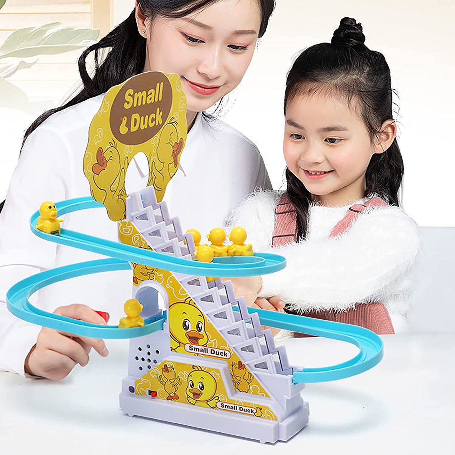 ODOORACT Electric Race Car Track Duck Climbing Stairs and Slides Playset, Duck