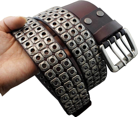 Mens Punk Biker Studded Three Hole Real Leather Belt Waistband w/Roller Buckle