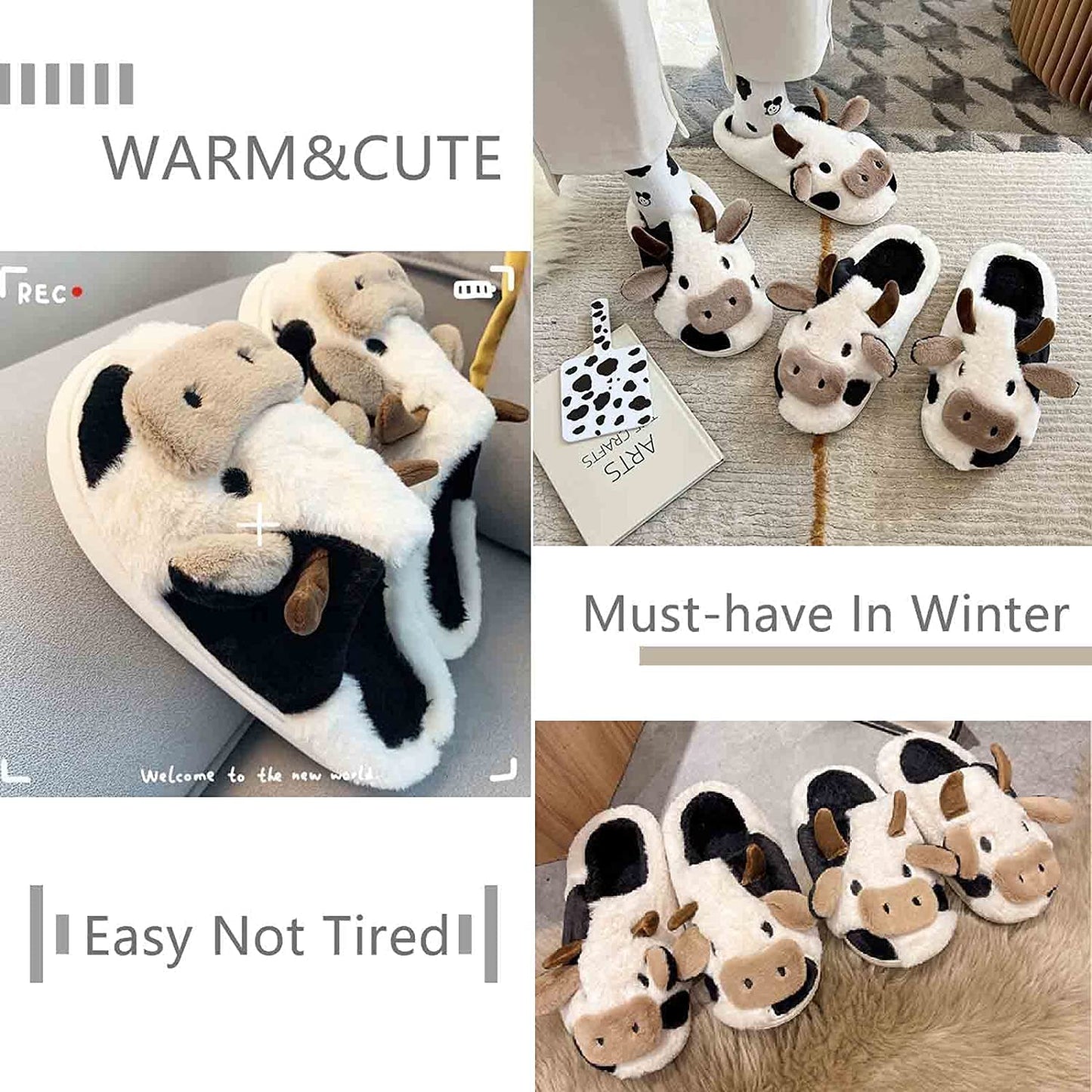 YCYL Kawaii Fuzzy Cow Slippers,Women's Warm Cozy and Lovely Animal Non-Skid Floor Slippers,Funny Cartoon Milk Cow Slippers for Adults Girls (White,38-39)