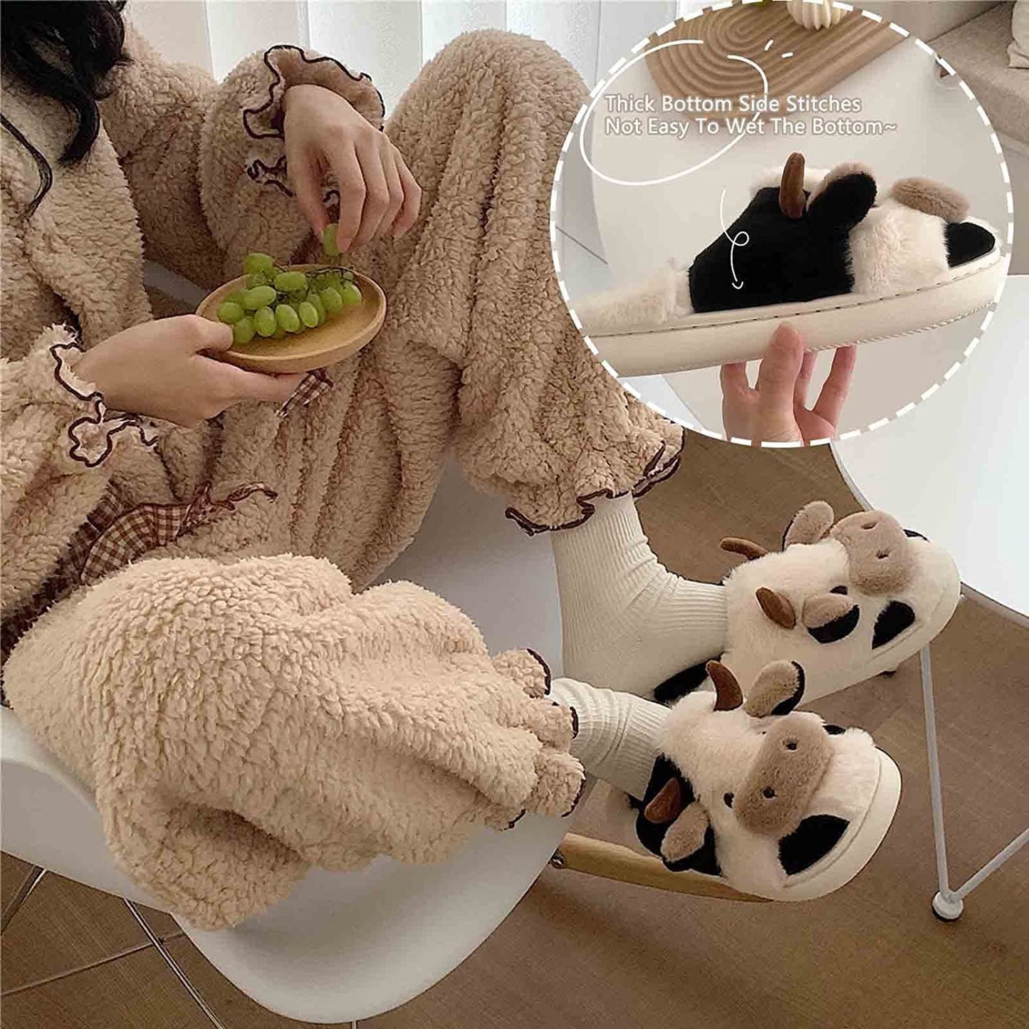 YCYL Kawaii Fuzzy Cow Slippers,Women's Warm Cozy and Lovely Animal Non-Skid Floor Slippers,Funny Cartoon Milk Cow Slippers for Adults Girls (White,38-39)
