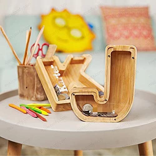 Personalized Alphabet Piggy Bank, Wooden Letter A to Z Piggy Bank, Creative Coin Bank Money Box Decorative, Money Saving Toys for Children, Birthday Gift (S)