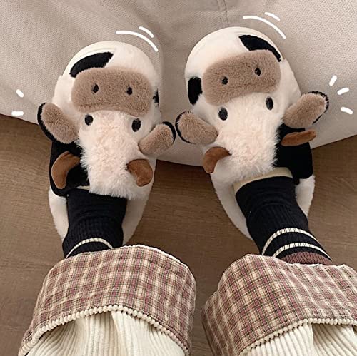 YCYL Kawaii Fuzzy Cow Slippers,Women's Warm Cozy and Lovely Animal Non-Skid Floor Slippers,Funny Cartoon Milk Cow Slippers for Adults Girls (White,40-41)
