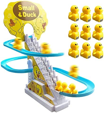 ODOORACT Electric Race Car Track Duck Climbing Stairs and Slides Playset, Duck