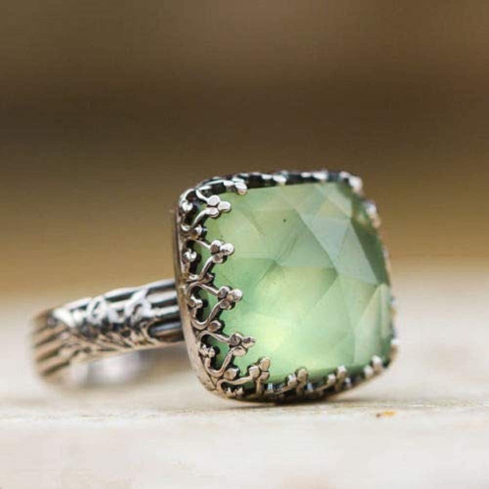 Wenbin Vintage Green Moonstone Princess Diamond Ring Prehnite Gems Wedding Engagement Women Ring 925 Silver Jewelry Size 6-10
