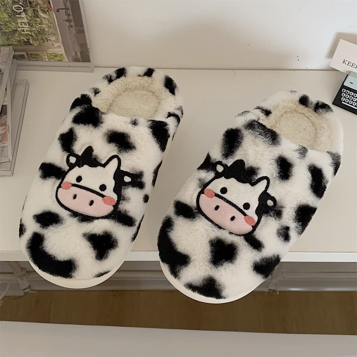 YCYL Kawaii Fuzzy Cow Slippers,Women's Warm Cozy and Lovely Animal Non-Skid Floor Slippers,Funny Cartoon Milk Cow Slippers for Adults Girls (White,38-39)