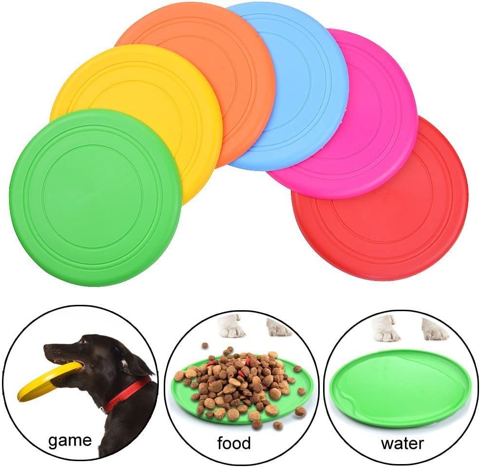 TEESUN Dog Frisbee Training Toys Flying Discs Flyer Silicone for Big Small Dogs Soft Tooth Resistant Rubber 6Pack (Red Blue Green Yellow Orange)