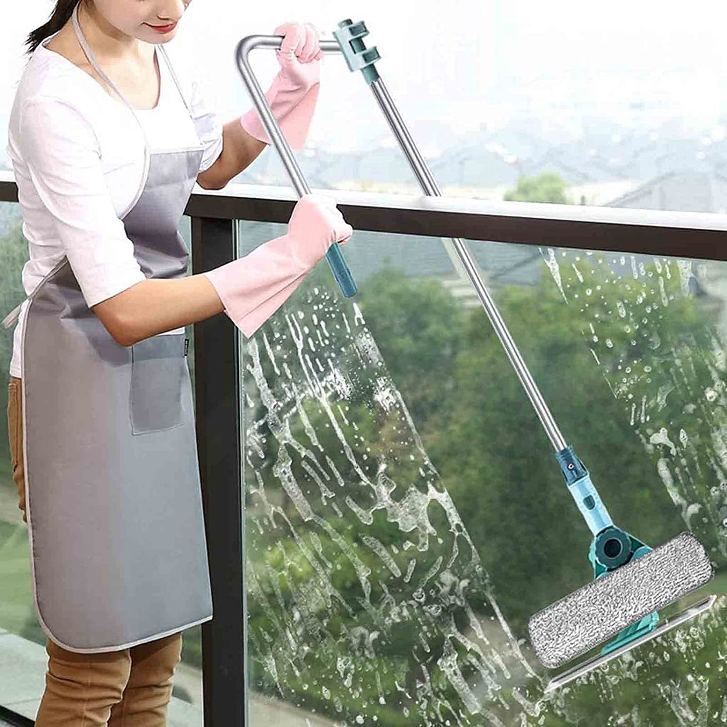 ZQTHL High-Rise Window Cleaning Tool,with U-Shaped Telescopic Rod,Extendable Squeegee Window Cleaner Equipment - Indoor Outdoor