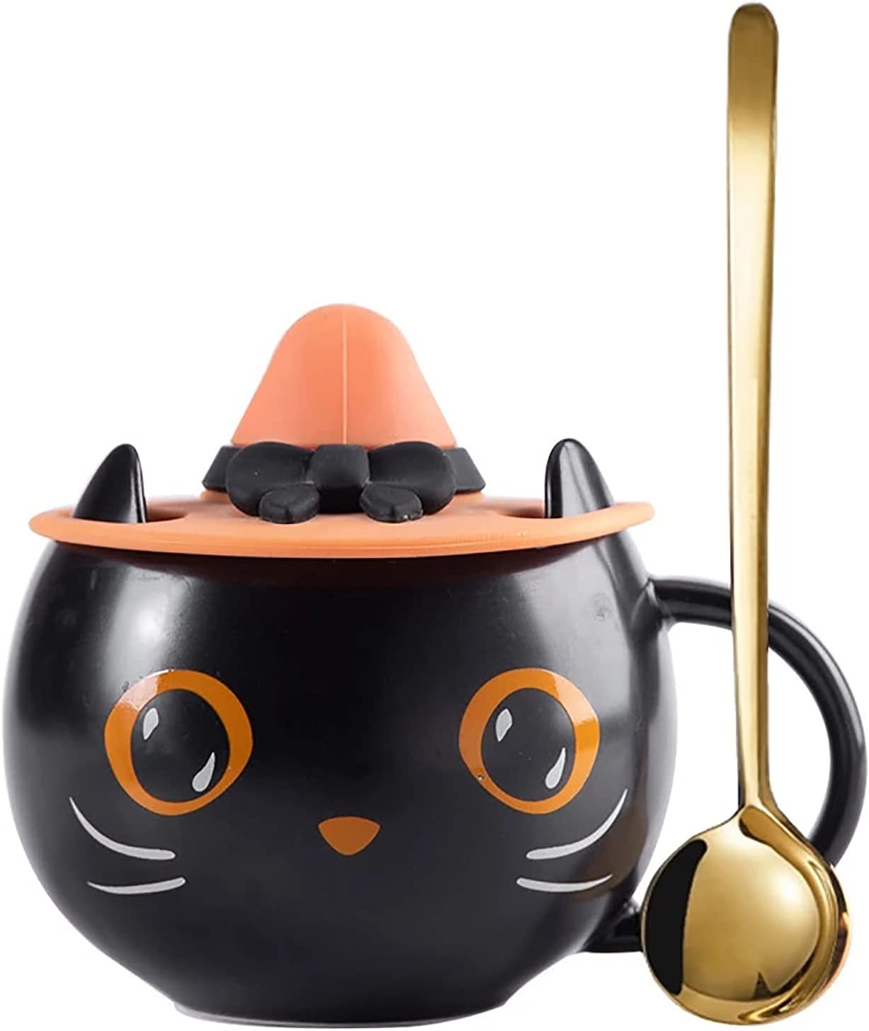 2021 Halloween Black Cat Cup with Witch Cap and Spoon Gifts, Cute Kitty Unique Ceramic Coffee Mug for Halloween Cat Lovers,Home Birthday Gift for Women Men (Cat Cup and Cover)