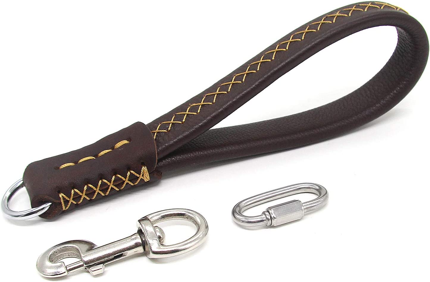 Heavy Duty Full Grain Leather Short Dog Traffic Leash for Medium and Extra Large Dogs, Pet Accessories Cowhide Handle with Snap Clips for Dog Chain Lead and Collar (Brown)