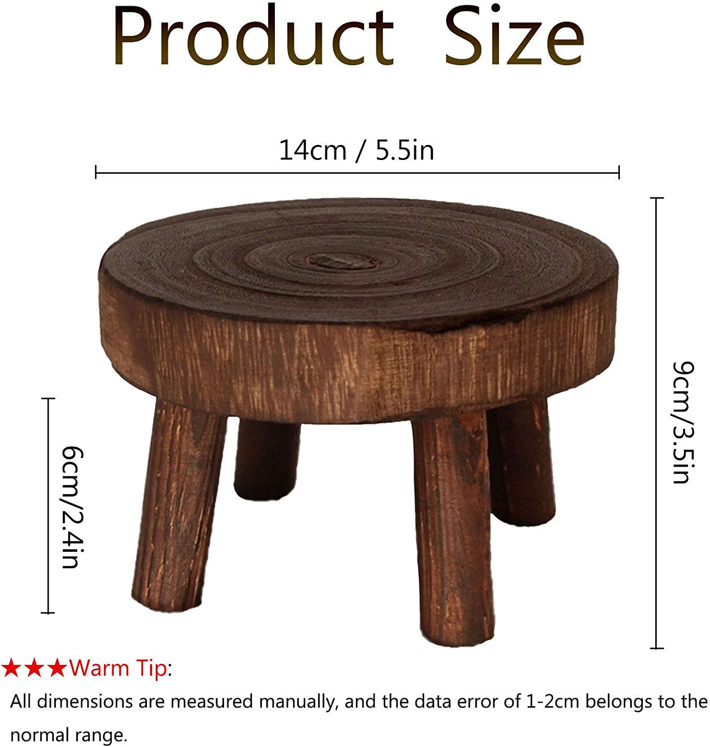 ROWGEE Wooden Round Step Stool,Portable Solid Wood Small Plant Stool,Retro Low Step Stool for Kitchen Bathroom Bedroom,Plant Holder-Kiriri14*9cm
