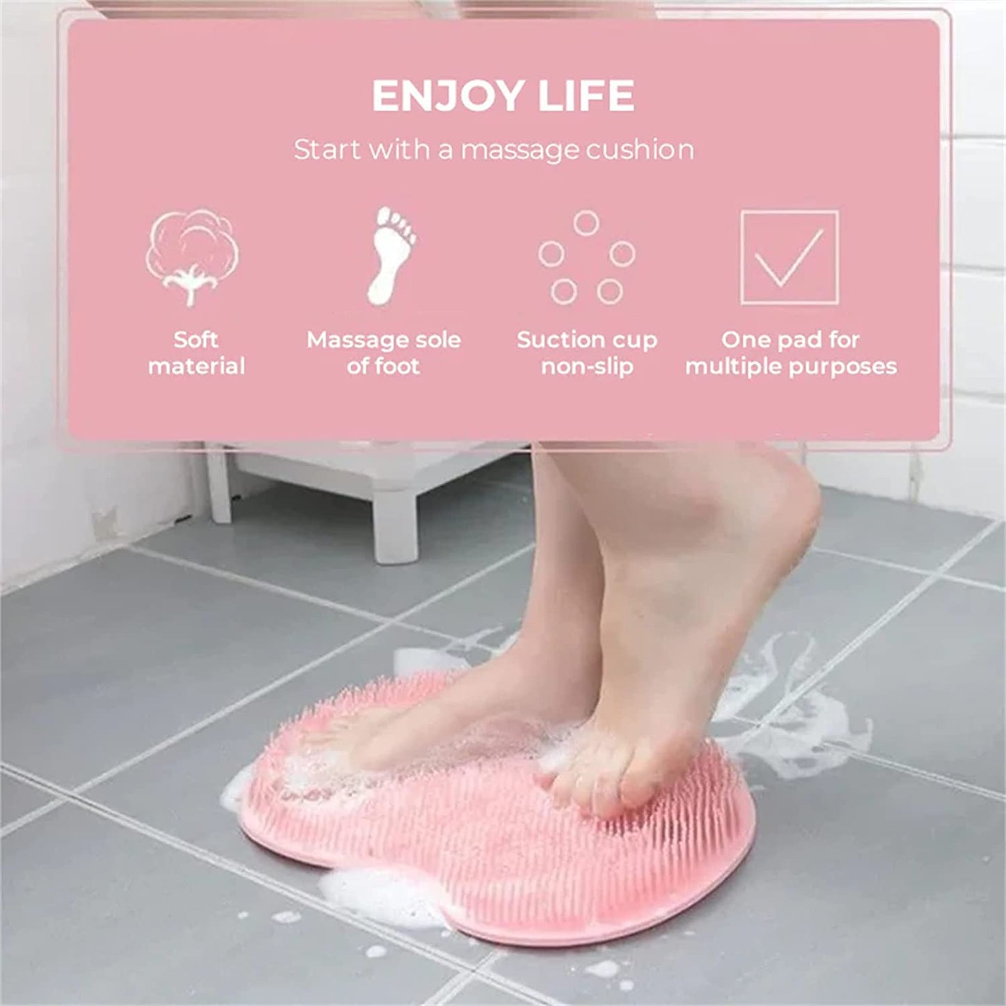 Shower Foot & Back Scrubber, Massage Pad, Non-Slip Suction Cups and Softer Bristles, Bath Massage Cushion (Gray)