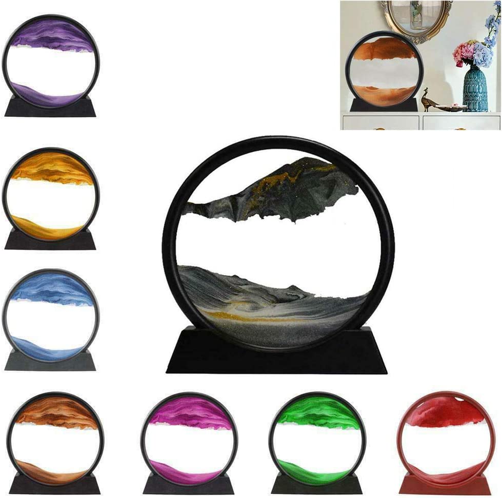 3D Dynamic Moving Sand, Moving Sand Art Picture Round Glass 3D Deep Sea Sandscape in Motion Display Flowing Sand Frame, Relaxing Desktop Home Office Work Decor (black, 12 inch)