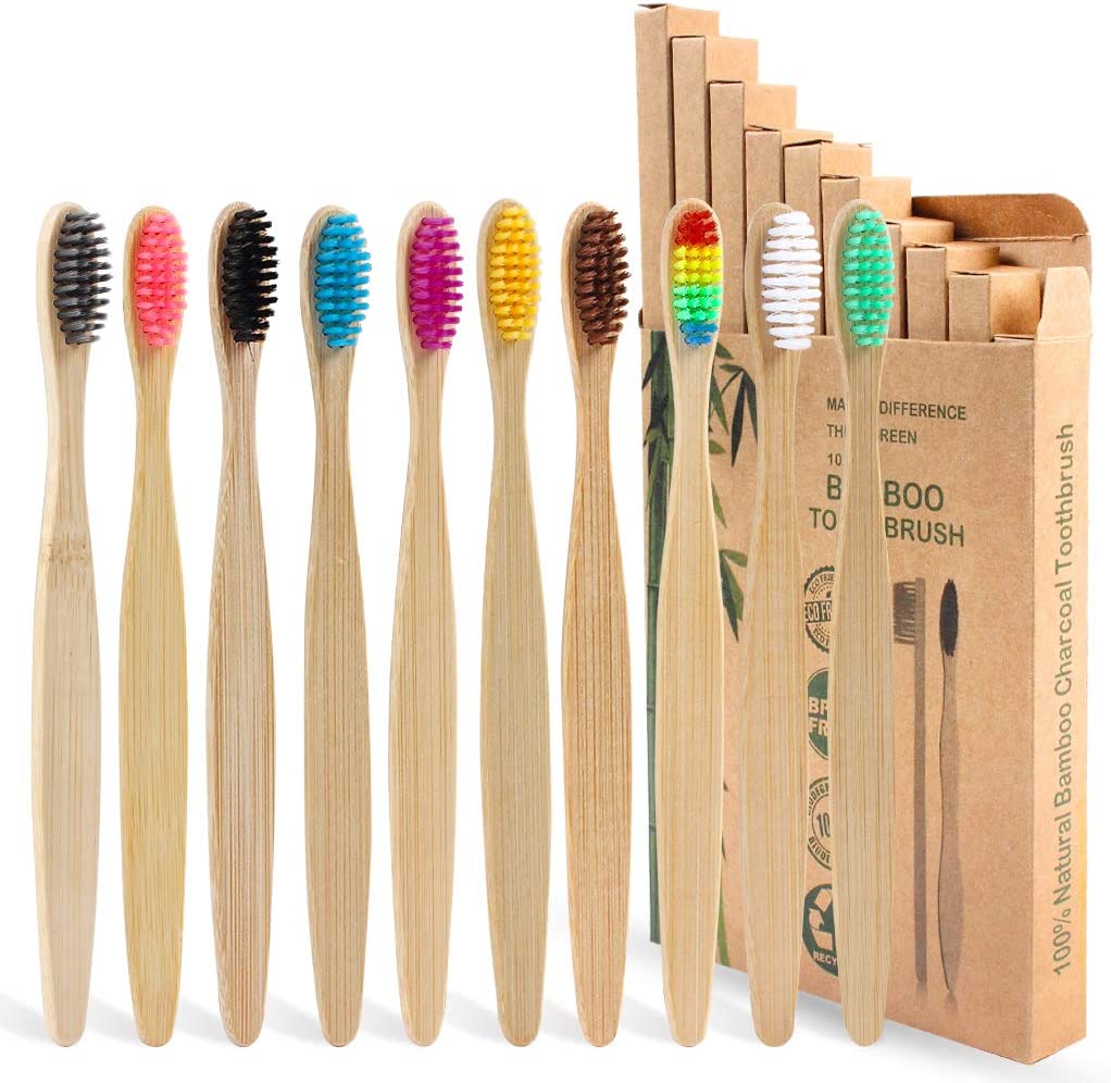 KELYDI Bamboo Toothbrushes with Soft Bristles,10 Packs of Organic Natural Adult Kids Bamboo Soft Toothbrush, Eco-Friendly and Plastic Free Packaging for Family and Travel Gifts (Multicolor)