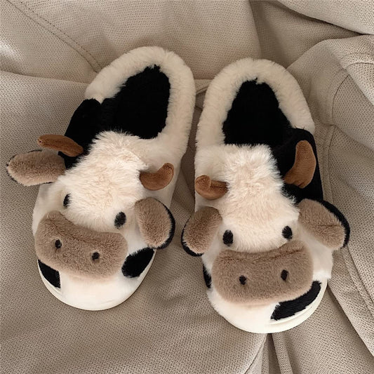 YCYL Kawaii Fuzzy Cow Slippers,Women's Warm Cozy and Lovely Animal Non-Skid Floor Slippers,Funny Cartoon Milk Cow Slippers for Adults Girls (White,40-41)