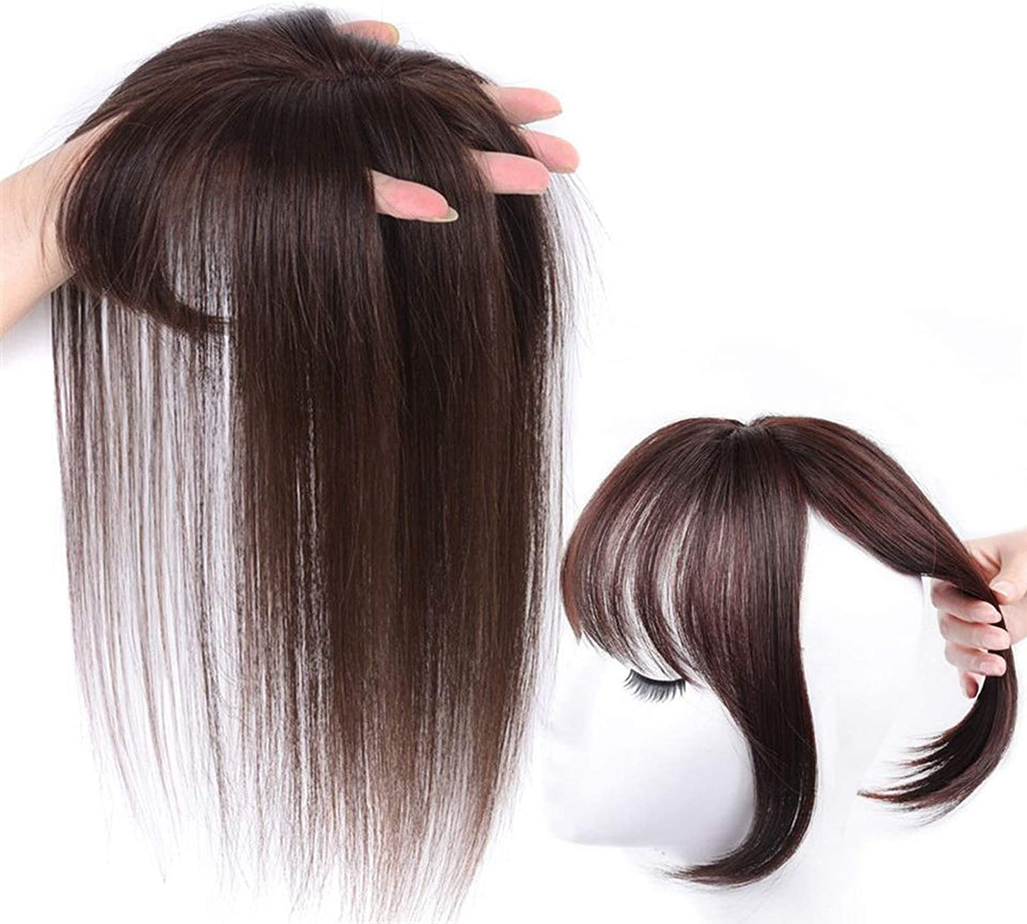 100% Human Hair Toppers Clip In Crown Toppers With 3D Air Bangs Hair For Women Straight Hair Bangs Toupee Mid Part Wiglets Hairpieces for Mild Hair Loss Volume Cover Gray Hair (Light Brown, 25 cm)