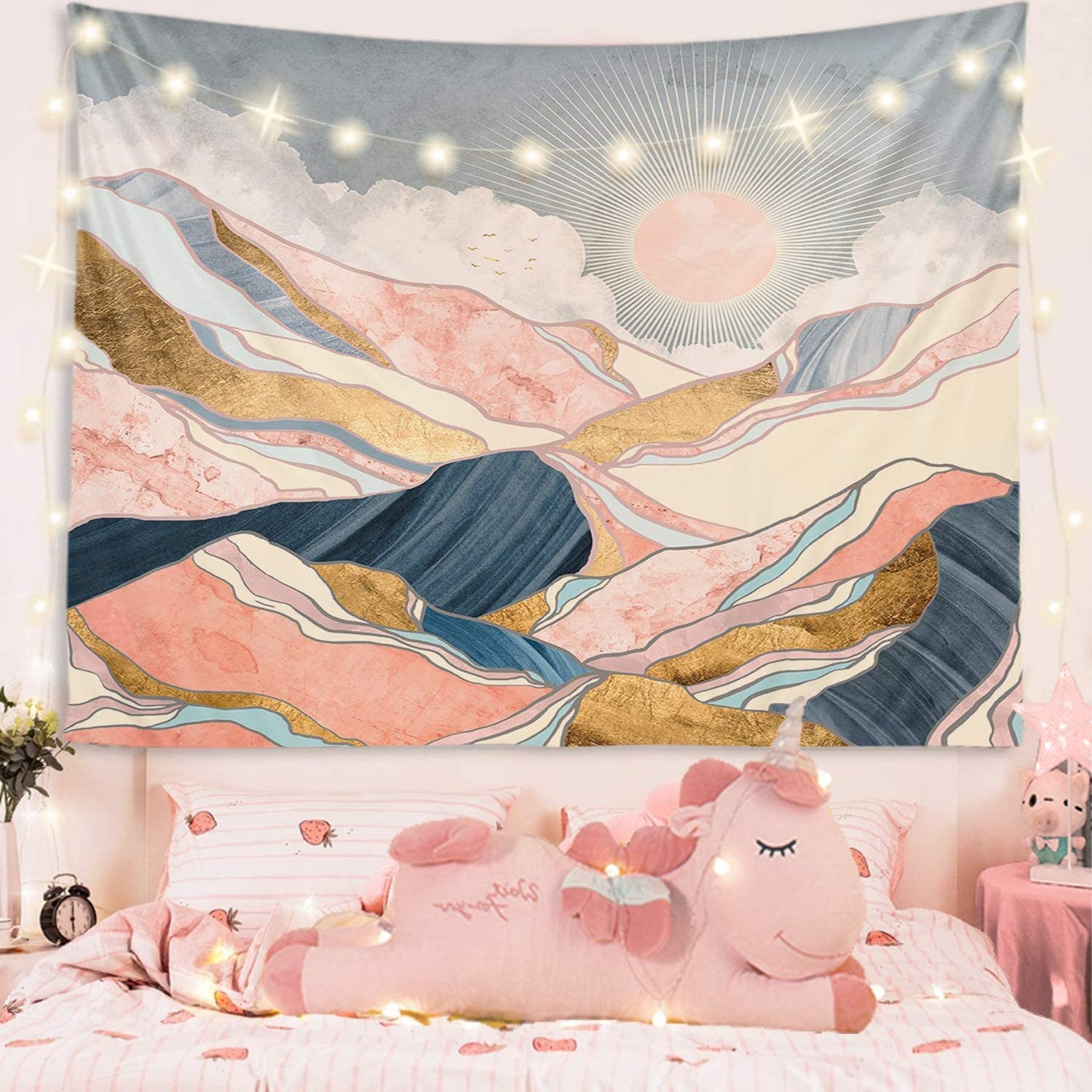 fangzhuo Mountain Tapestry Wall Hanging Pink Sunset Nature Landscape Tapestry Wall Decor for Livingroom Bedroom Dorm Home W59 x L51