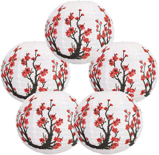 Vkdhegg 12-Inch Cherry Blossom Japanese/Chinese Paper Lanterns (Set of 5, Red Sakura)